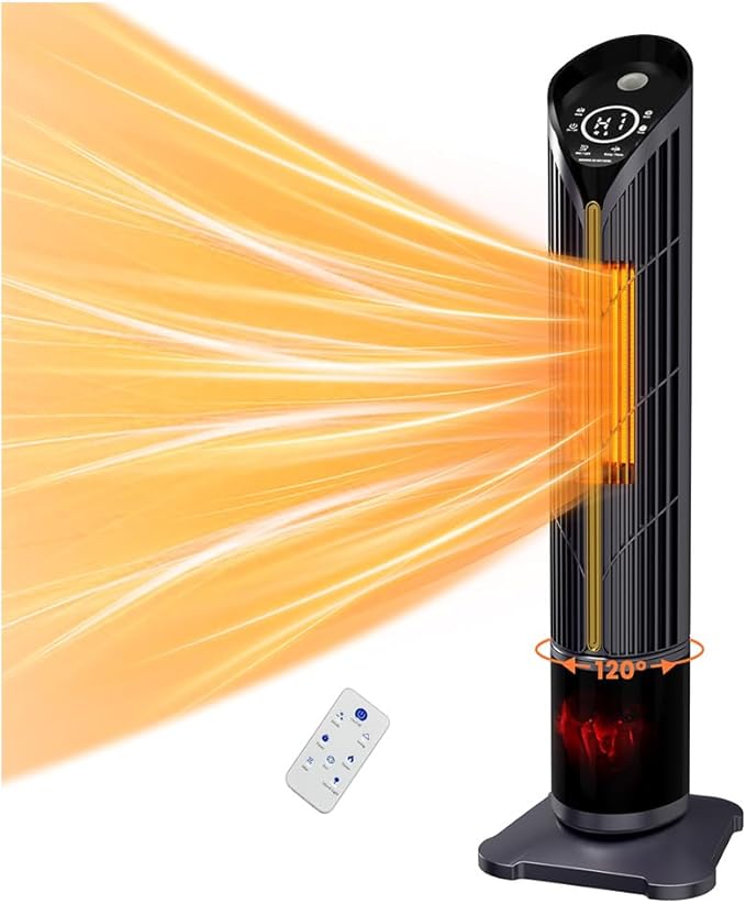 VCJ 28" Space Heaters with Humidifier, 12H Timer Electric Heater for Indoor Use, Remote, 120° Oscillation, Overheat & Tip-Over Protection, Quiet Portable Tower Heater for Bedroom Living Room Garage