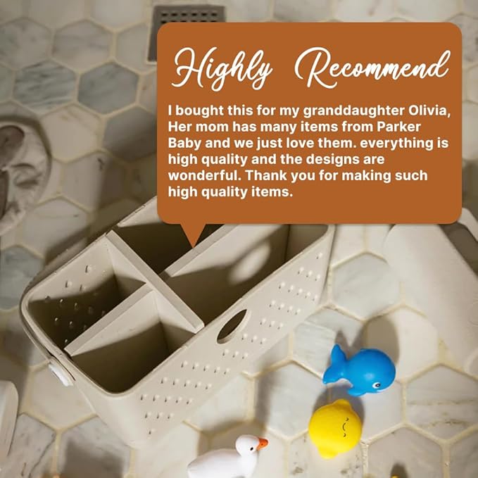 Parker Baby Bath Caddy | BPA Free & Food Grade Shower Caddy Organizer for Toys & Supplies | Quick-Dry, Sturdy & Perfect Size Shower Basket w/Handle in Neutral Colors