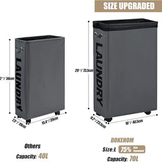 DOKEHOM 29-Inches Enlarged Slim Laundry Basket with Removable Wash Bag on Wheels, Collapsible Rolling Laundry Hamper, Foldable Narrow Corner Clothes Storage Bins (Dark Grey)