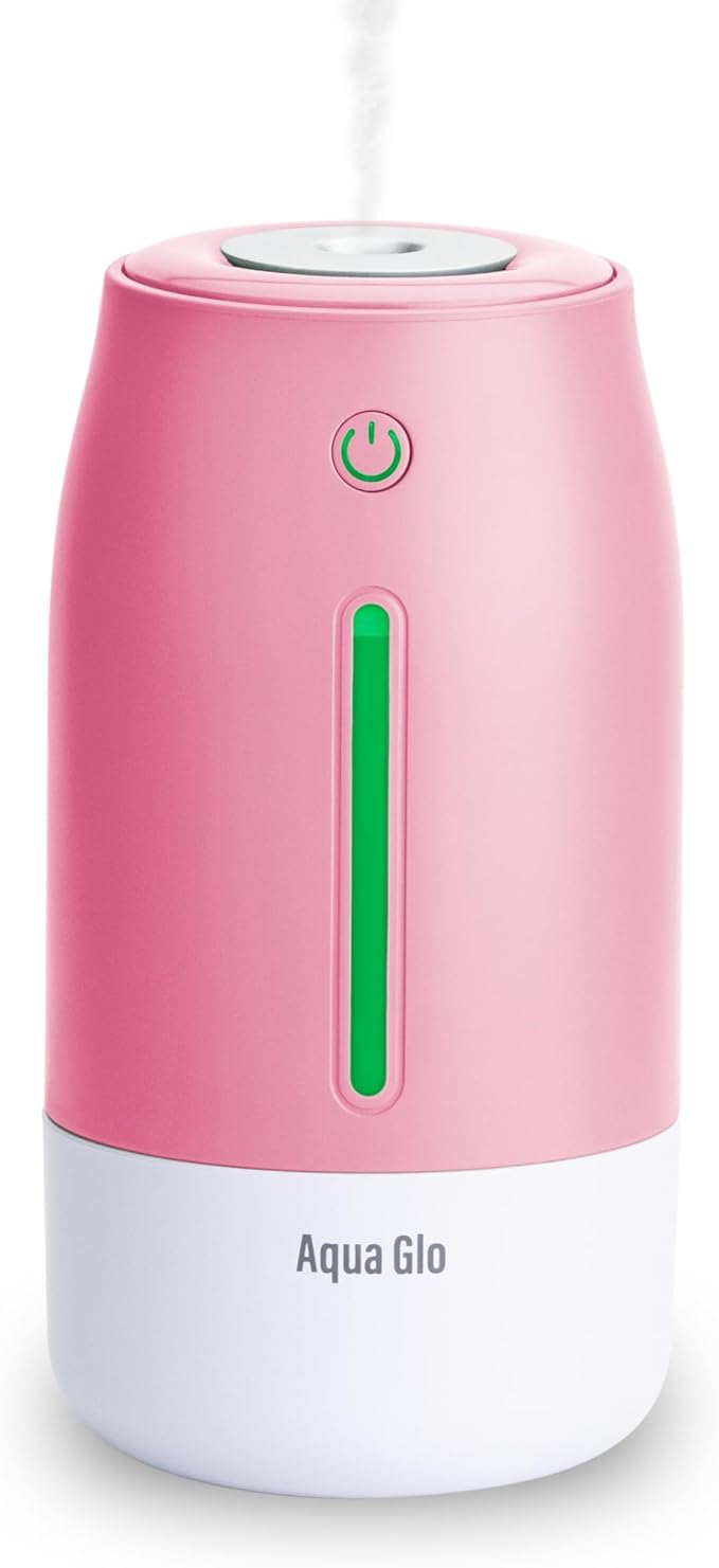 Aqua Glo Personal, Portable Humidifiers for Bedroom – Ultrasonic Cool Mist Humidifier with Built In Rechargeable Battery. Air Humidifier for Baby, Plants, Home, Office, Travel. Rose Quartz