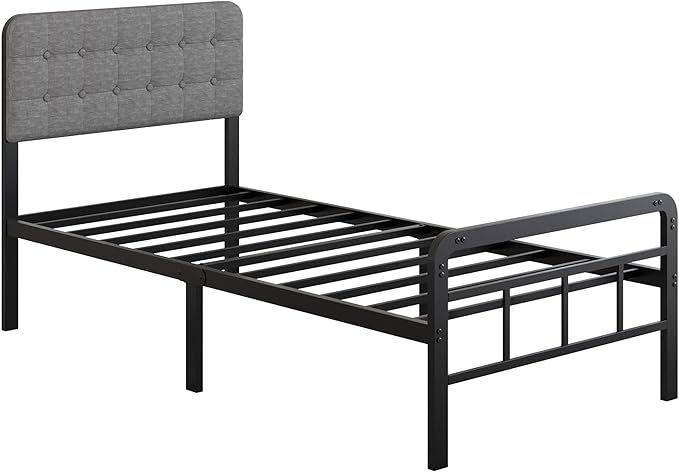 Twin Bed Frames with Upholstered Headboard and Metal Footboard 14 Inch, Twin Platform Bed Frame with Strong Metal Slats Support, Under-Bed Storage, Noise Free, Easy Assembly