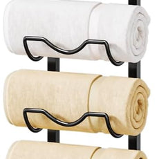 HapiRm Over The Door Towel Rack - 8 Tier Wall Mount Rolled Towel Holder Storage Organizer Shelf with Storage Basket for Small Bathroom, Rv, Camper - Black