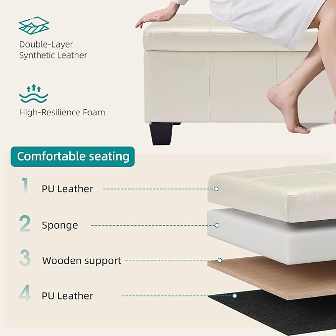 Faux Leather Ottoman with Storage, 42 Inch Rectangular Storage Ottoman Bench with Safety Hinged Lid, Large Upholstered End of Bench for Bedroom Entryway Living Room, Beige
