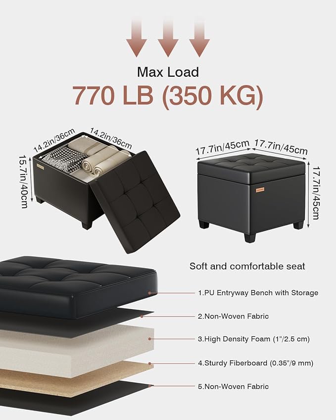 17.7 inches Synthetic Leather turfed Ottomans Cube with Storage, Metal-Framed Square Storage Ottoman Foot Rest Stool Holds 770 LB for Dorm Living Room Bedroom Black UASND63B