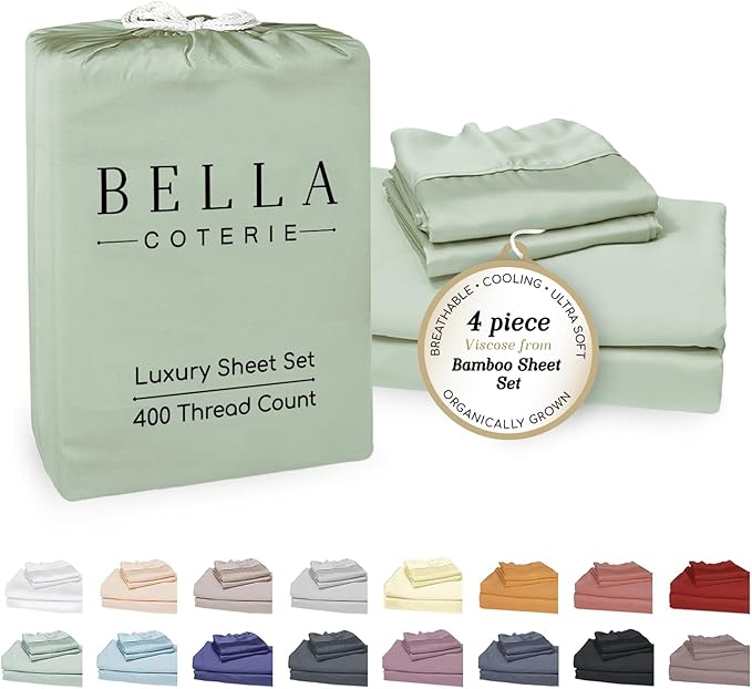 Bella Coterie Luxury Bamboo Viscose King Size Sheet Set | 100% Organically Grown | Ultra Soft | Cooling for Hot Sleepers | 18" Deep Pocket [Sea Glass]