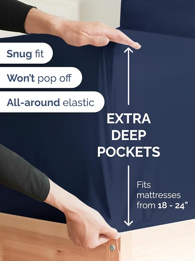 Extra Deep Pocket Cal King Sheets - 4 Piece Breathable & Cooling Bed Sheets - Hotel Luxury Bed Sheet Set - Soft, Wrinkle Free & Comfy - Easily Fits Extra Deep Mattresses - Deep Pocket Navy Blue Sheets