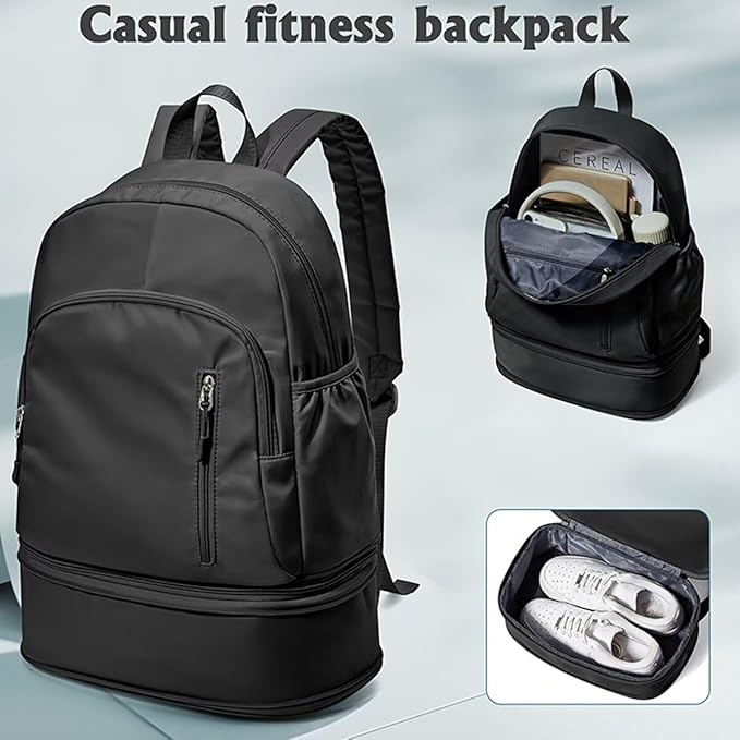 Unisex Lightweight Expandable Gym Backpack with Shoe Compartment, Waterproof Travel Bag for 14" Laptop Black