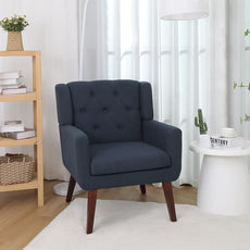 Accent Chair Button-Tufted Upholstered Living Room Chairs Comfy Reading Chair Mid Century Modern Chair with Linen Fabric Lounge Arm Chairs for Living Room Bedroom (Dark Blue)