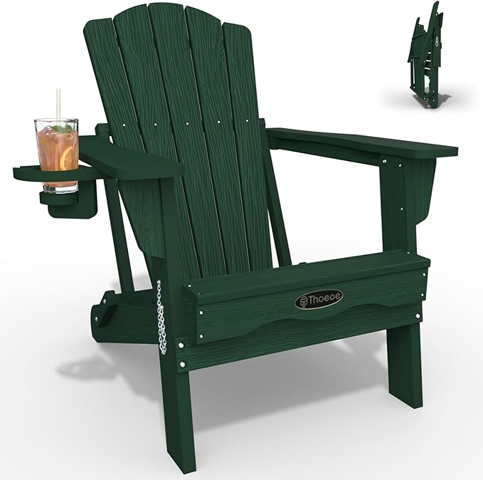 Adirondack Chair, Folding All-Weather Outdoor HDPE Patio Chair with Cup Holder, Green