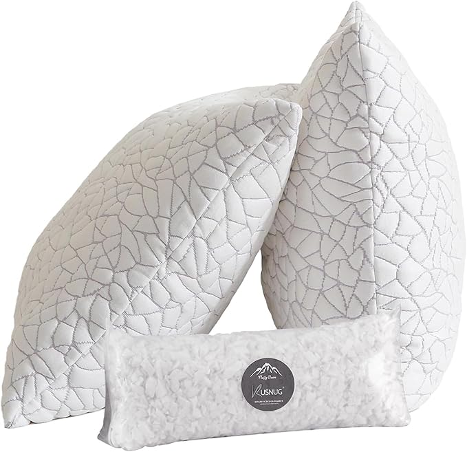 Cooling Shredded Memory Foam Pillow Queen Size Set of 2- Removable Bamboo Rayon Cover + Extra Gel Foam, 100% Adjustable for Back/Side/Stomach Sleepers, Oeko&CertiPUR-US Standard