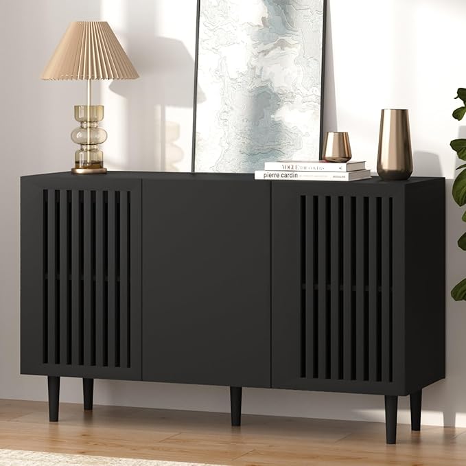 CHUWELL Modern Storage Cabinet, 47.2" Buffet Cabinet with 3 DIY Doors and Adjustable Shelf, Sideboard Coffee Bar with Solid Wood Feet for Kitchen,Dining Room,Living Room,Black