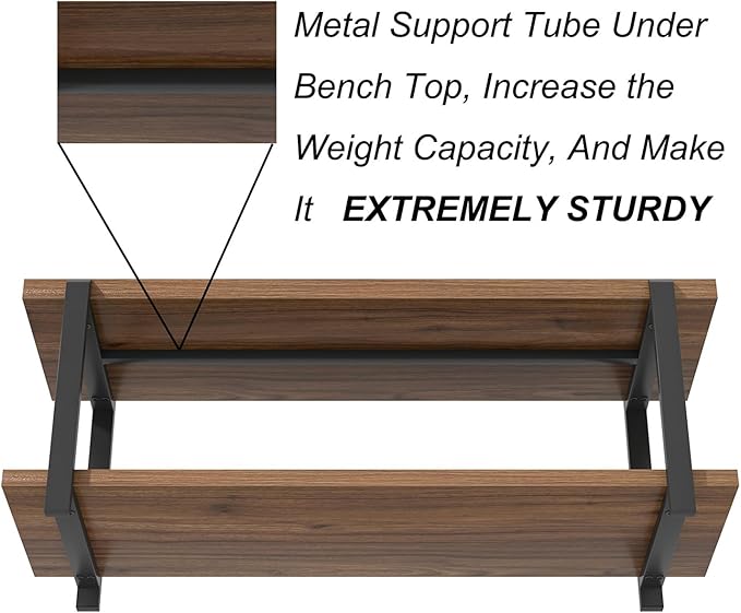FOLUBAN Entryway Bench with Shoe Storage, Modern End of Bed Bench, Wood and Metal Entry Bench for Hallway Front Door Entrance, Industrial Indoor Bench for Bedroom Living Room, Rustic Walnut, 47 Inch