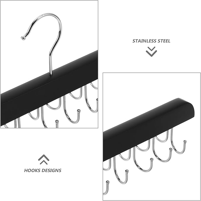 Foldable Wood Closet Organizer Hanger with 20 Non-Slip Hooks for Bras, Scarves, and Pants Space-Saving Clothes Rack for Dorms, Apartments, and Home, Black 2pcs