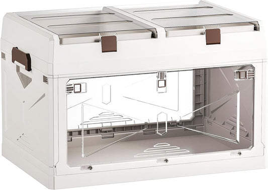 Closet Organizer and Storage Box, Large Essential Collapsible Plastic Car Trunk Container with Clear Lids and Doors, Open Front Multifunctional Stackable Bin for Bedroom, Dorm Room, Craft 80 L