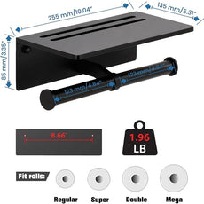 Toilet Paper Holder - Aluminium Double Roll Toilet Tissue Holder with Mobile Phone Shelf for Bathroom, 3M Self Adhesive No Drilling or Wall-Mounted with Screws, Rustproof Modern Style Black