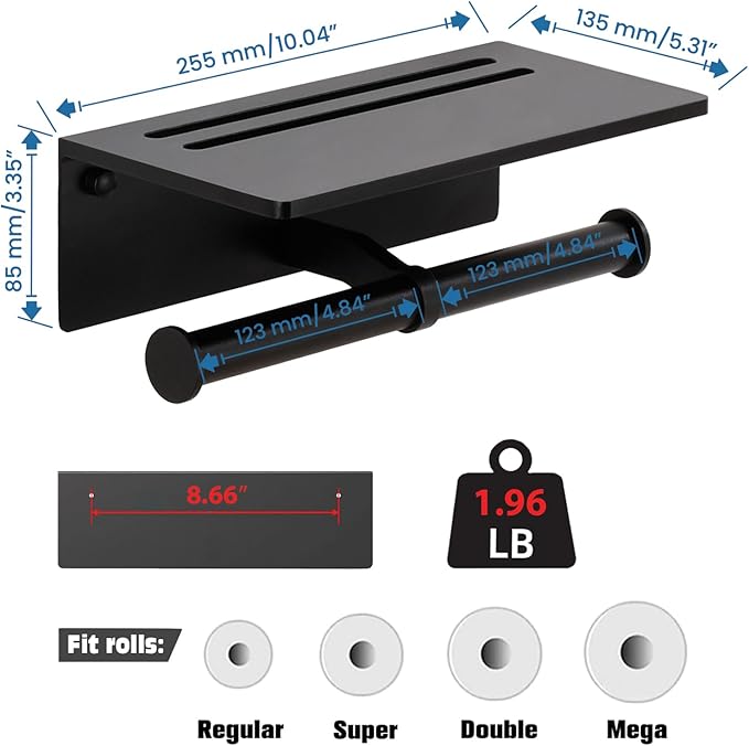 Toilet Paper Holder - Aluminium Double Roll Toilet Tissue Holder with Mobile Phone Shelf for Bathroom, 3M Self Adhesive No Drilling or Wall-Mounted with Screws, Rustproof Modern Style Black