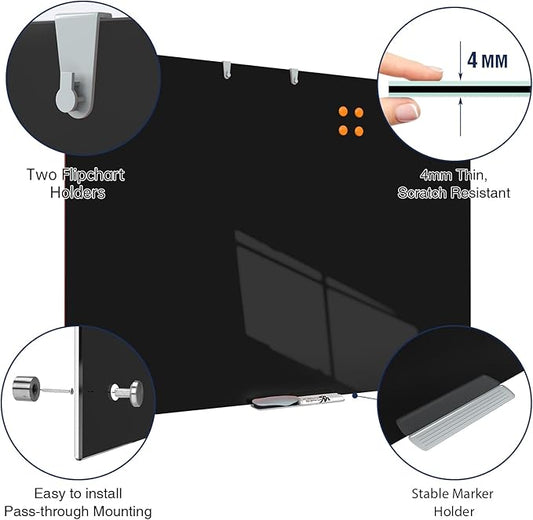 TSJ OFFICE Glass Dry-Erase Board - 48 x 30 Inches Wall Mounted Black Glass Magnetic Whiteboard, Large Frameless White Board for Office, Home & School