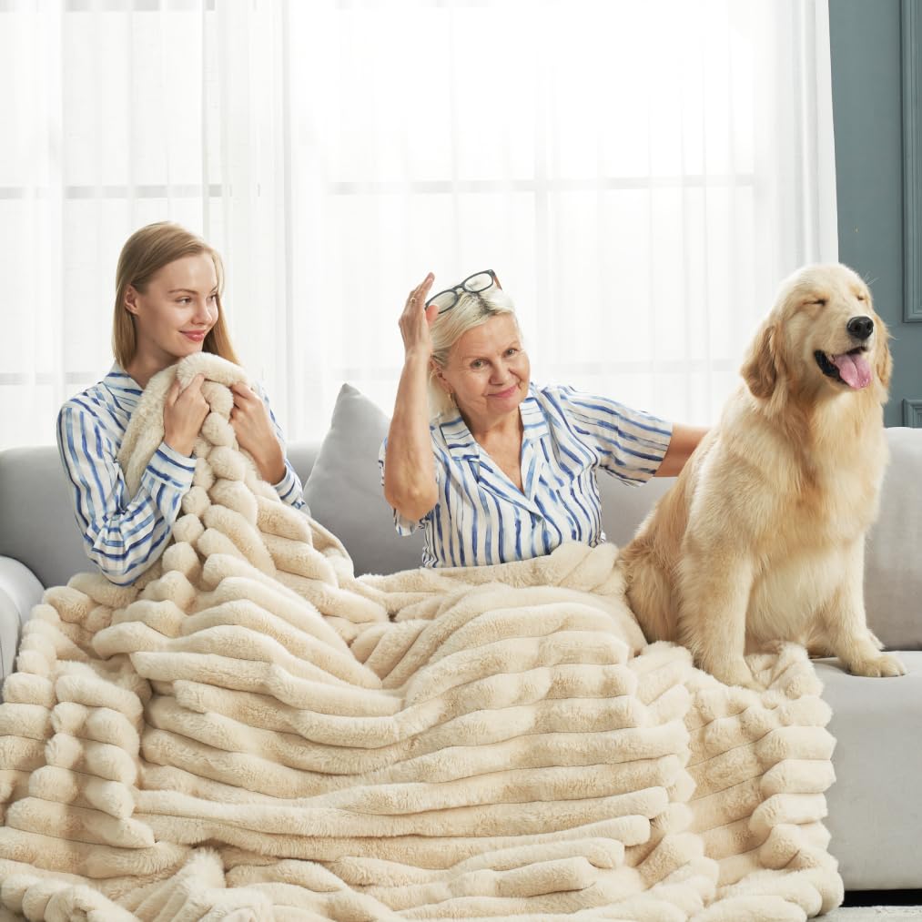 Cozy Bliss Faux Fur Throw Blanket for Couch, Cozy Warm Plush Striped Blanket for Sofa Bedroom Living Room, 50 * 60 Inches Sage Green Dormly