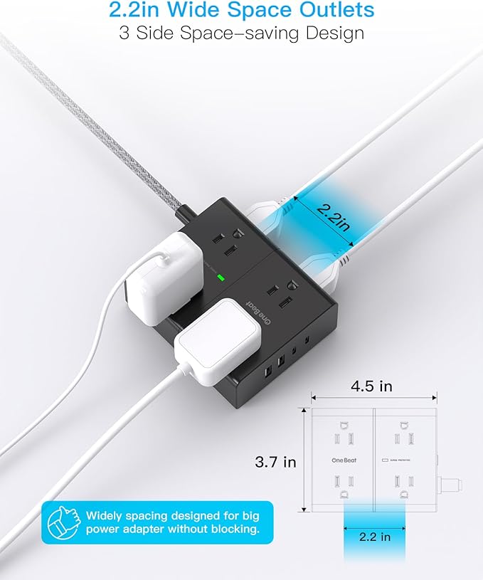 Surge Protector Power Strip 15 Ft Cord, Ultra Thin Flat Extension Cord with 8 Outlets 4 USB Ports(2 USB C), Flat Plug Power Strip, 15 Ft Long Braided Power Cord for Home, Office, Dorm Essentials - BK