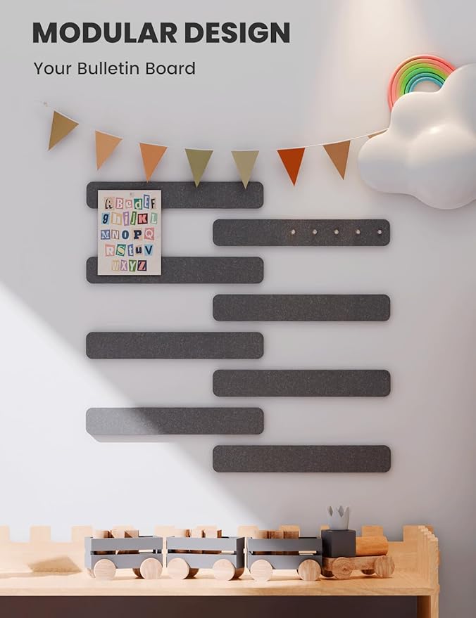 Cork Board Alternative Felt Strip Board 8-Pack 13"x2", Office Pin Board with 50 Push Pins, Adhesive Install for Bedroom Door & Home Office(Charcoal Gray)