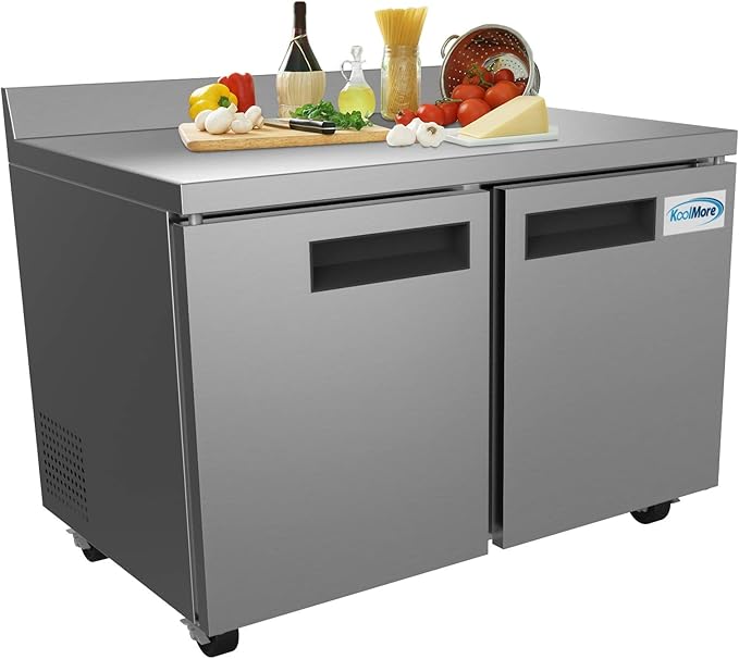 KoolMore 48" Stainless Steel 2 Door Worktop Commercial Freezer with 3 1/2 Backsplash - 12 cu.ft