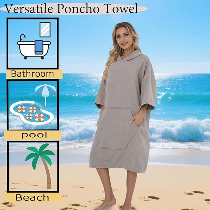 Surf Poncho Hooded Beach Towel, Quick Dry Terry Cloth, Extra Large Changing Robe with Pockets for Adults, Unisex Light Grey Cover-Up for Swim, Bath, Beach, Gift for Swimmer Lovers