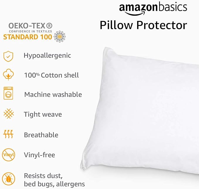 Amazon Basics King Pillow Pillowcase with Zipper, 100% Cotton Hypoallergenic, Pillow Protector, White (37 x 21 Inches), Pillows Not Included