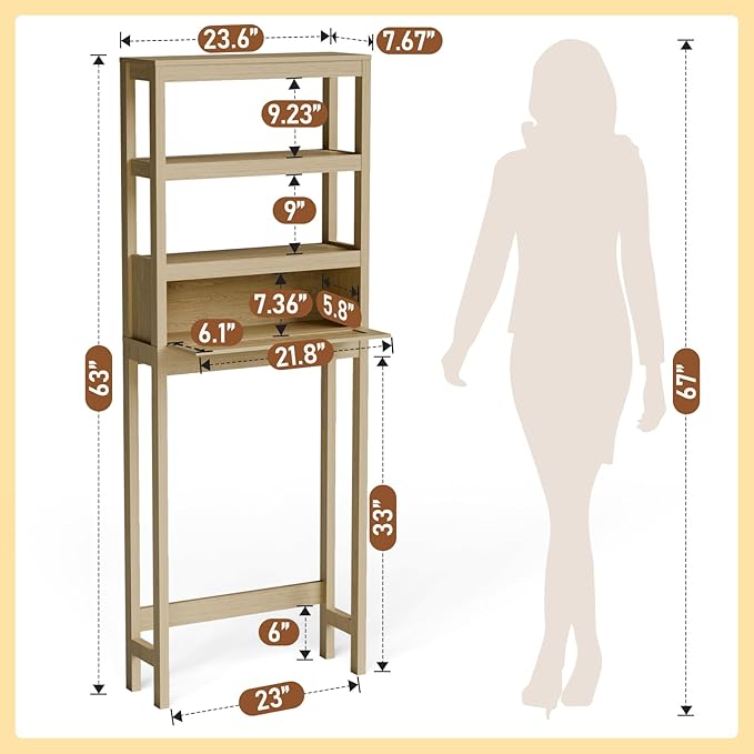 Over The Toilet Storage Cabinet, 3-Tier Behind Toilet Bathroom Organizer, Wooden Above Toilet Storage Shelf with Rattan Door, Space Saver for Restroom, Bathroom, Laundry