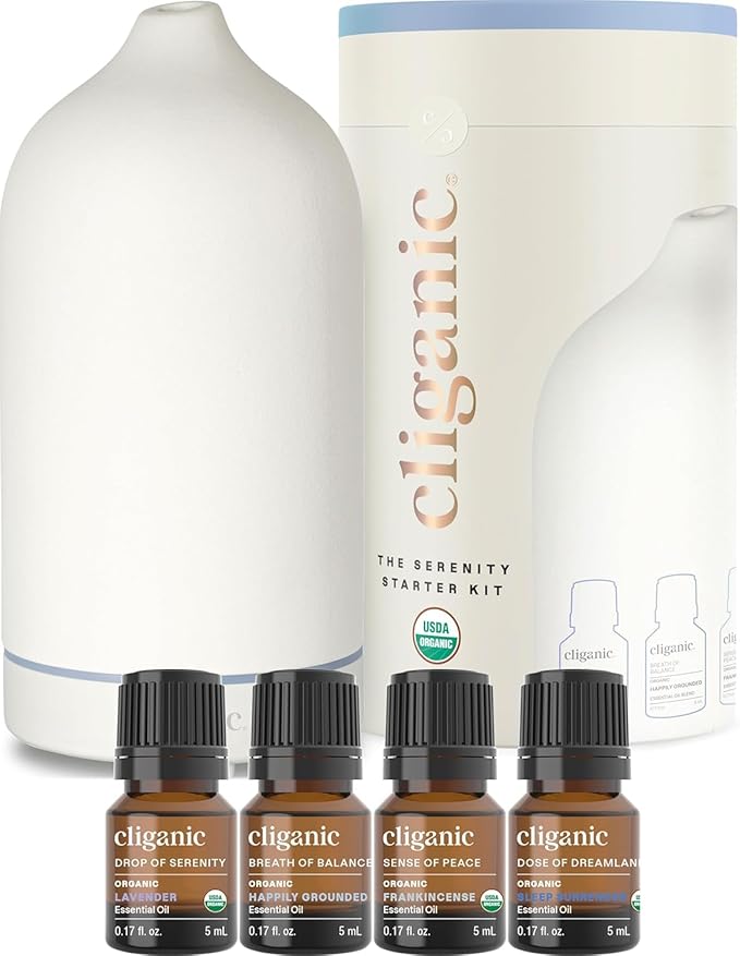 Cliganic Serenity Essential Oils Diffuser Set – Aromatherapy Humidifier with LED for Home, Office & Bedroom Includes Frankincense, Lavender, Grounded & Sleep Essential Oils Kit