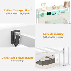 Elephance Twin Bed Frames with Charging Station and LED Lights, Metal Bed Frame with 2-Tier Storage Headboard, No Box Spring Needed, Noise Free, Easy Assembly,Beige