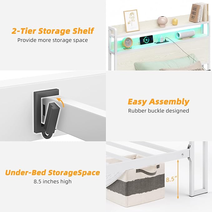 Elephance Twin Bed Frames with Charging Station and LED Lights, Metal Bed Frame with 2-Tier Storage Headboard, No Box Spring Needed, Noise Free, Easy Assembly,Beige