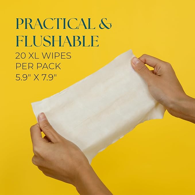 20 Count Individually Wrapped Flushable Wipes for Body, Lightly Scented with Camellia and Coconut Oil & Aloe for a Gentle Clean, Wet Wipes for Adults, Travel Sized & Disposable (Pack of 1)
