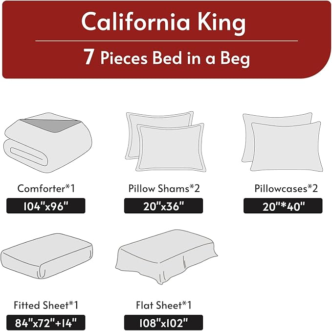MUXHOMO 7 Pieces California King Comforter Set, Reversible Bed in a Bag Cal King Size, All Season Bedding Set with Comforter, Flat Sheet, Fitted Sheet, Pillowcases & Shams, Burgundy & Grey