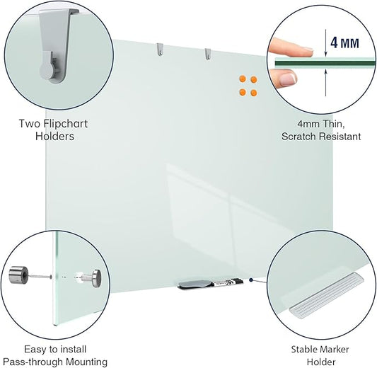 TSJ OFFICE Glass Dry-Erase Board - 48 x 36 Inches Wall Mounted Glass Whiteboard, Large Frameless Magnetic White Board for Office, Home & School, White
