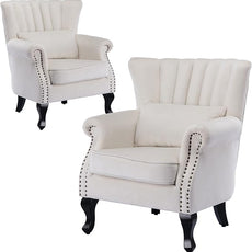 Velvet Accent Chairs Set of 2 with Arm Comfy Living Room Chair Mid-Century Modern Wingback Side Chair Single Sofa Couch for Bedroom Guest Room, Cream