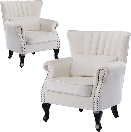 Velvet Accent Chairs Set of 2 with Arm Comfy Living Room Chair Mid-Century Modern Wingback Side Chair Single Sofa Couch for Bedroom Guest Room, Cream