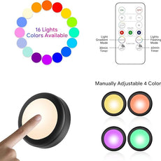 Yiliaw 12 Pack LED Puck Lights Remote Control 16 Color Changeable Under Cabinet Lights, Battery Operated Lights Night Light with Dimmer & Timmer for Closet Bedroom Kitchen, Black