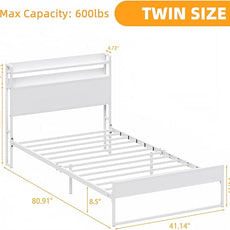 Elephance Twin Bed Frames,Metal Platform Bed Frame with 2-Tier Storage Headboard, No Box Spring Needed, Noise Free, Easy Assembly,White