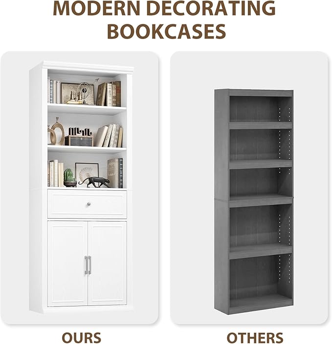 Rresyet Bookcase, 6 Tier White Bookshelf 28" W Tall Minimalist Bookshelves with Storage Cabinet Suitable for Offices, Libraries, Living Rooms