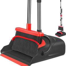 kelamayi Upgrade Broom and Dustpan Set, Broom with Dustpan Combo Set, Large Size and with Long Handle, Upright,Ideal for Indoor Outdoor Garage Kitchen Room Office Lobby Use (Black&Red)