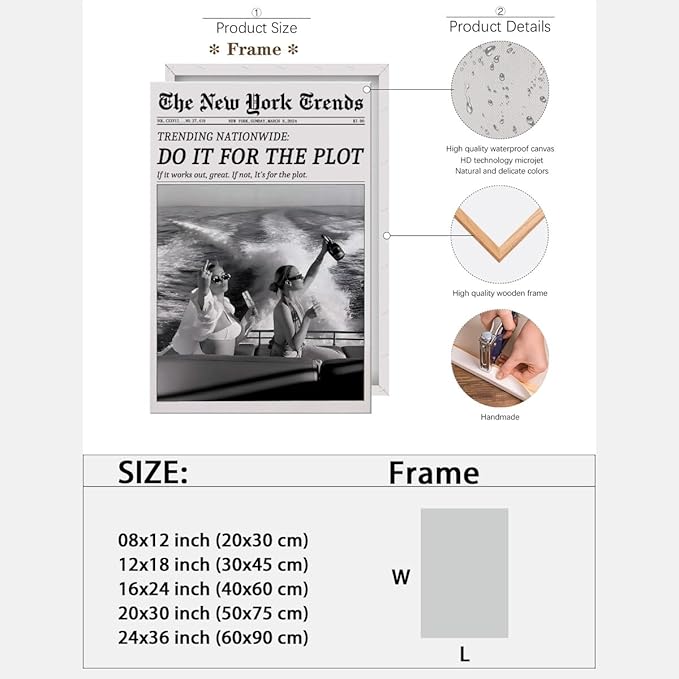 Retro New York Trends Wall Art Black and White Newspaper Poster Do It for The Plot Canvas Prints Funky Feminist Posters Trendy College Wall Decor for Bar Cart Hot Girl Dorm Room Decorative 16x24inch Framed