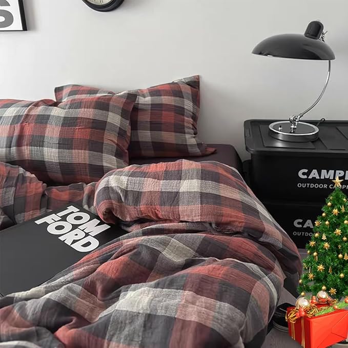 VM VOUGEMARKET Christmas Red Gingham Duvet Cover King Muslin Cotton Plaid Bedding Set Soft Breathable Linen Like Gauze Comforter Cover with Zipper Closure for Adults-3 Pieces,104"x90"