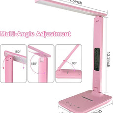 Desk Lamp with Wireless Charger，USB Charging Port, Dimmable Office Desk Light with Clock, Alarm, Date, Temperature, Foldable Lamp for Table Bedroom Bedside Office (Pink, Standard Size-13.3 inch)