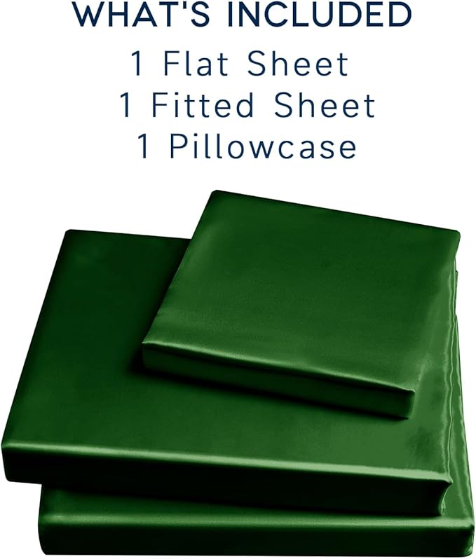 Satin Sheets Twin Size - 3 Pieces Luxury Silky Soft Bed Sheets for Kids, Wrinkle-Free Dark Green Satin Silk Sheet Set with 1 Deep Pocket Fitted Sheet, 1 Flat Sheet, 1 Pillow case