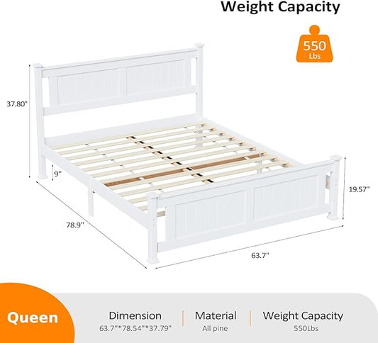 VINGLI Queen Bed Frame with Headboard Wood Platform Panel Bed,Heavy Duty Bed Slat No Box Spring Needed, White