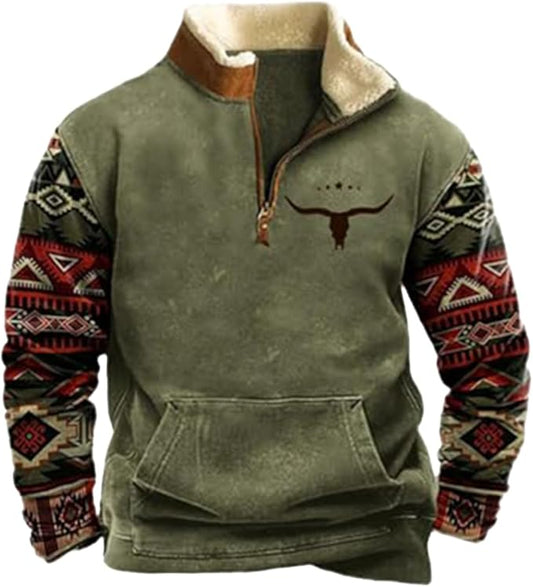 Western Sweatshirts for Men Aztec Cowboy Vintage Graphic Fleece Hoodie Mens Quarter Zip Pullover Country Jacket