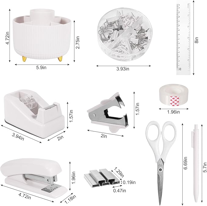 Desk Organizers and Accessories Set with 360-Degree Rotating Pen Holder, Tape Dispenser, Stapler, Staple Remover, 1000 Staples, Tape, Clips Set, Ruler, Scissor, Pen