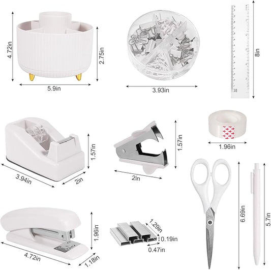 Desk Organizers and Accessories Set with 360-Degree Rotating Pen Holder, Tape Dispenser, Stapler, Staple Remover, 1000 Staples, Tape, Clips Set, Ruler, Scissor, Pen