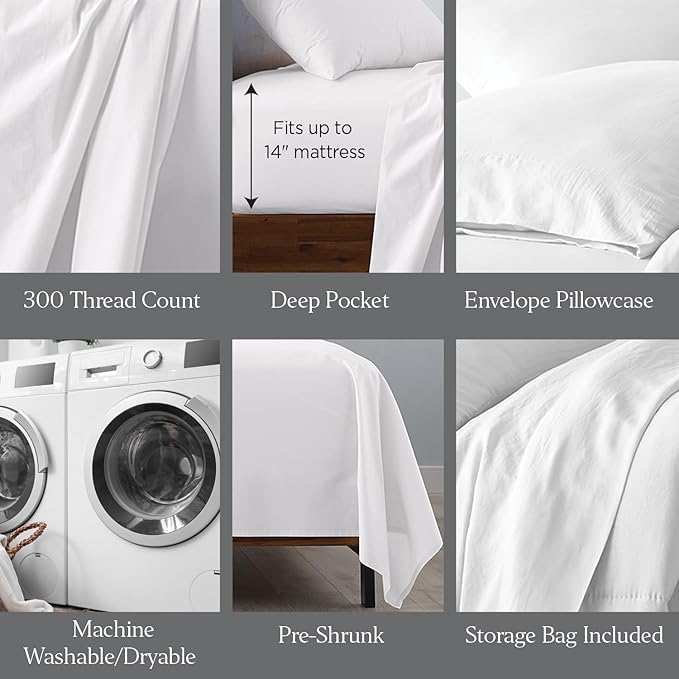 Ella Jayne Cotton Percale Sheets California King (4 Pieces) Permium 100% Cotton Percale TC300, Hotel Luxury Collection, Deep Pockets and Cooling California King Percale Sheets (White)