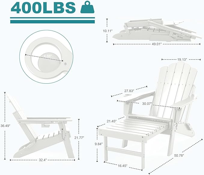 FOOWIN Adjustable Adirondack Chair with Retractable Ottoman Set of 8, Folding Adirondack Chair with Cup Holder, HDPE All-Weather Fire Pit Chair for Patio, Yard, Poolside,White